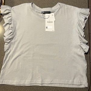 Zara ruffled sleeve, light gray T-shirt.  NWT